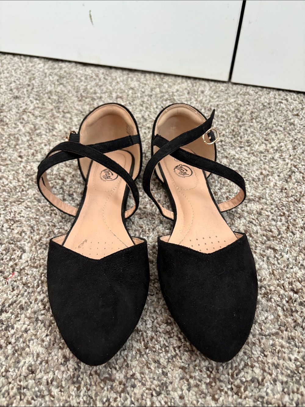 Black Suede Pointed-Toe Ankle Strap Flats